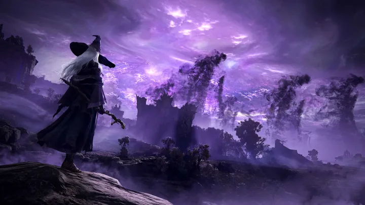 Cloaked sorcerer overlooks a sweeping purple-hued fantasy landscape with swirling magical clouds.