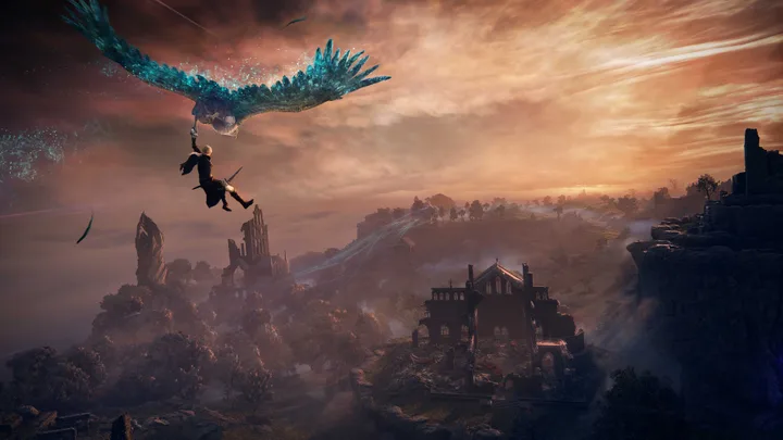 A character hangs from a giant glowing crystal bird soaring over a ruined fantasy city at sunset.