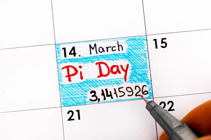 A calendar page with March 14 highlighted in blue, labeled Pi Day with the digits 3.1415926 written below.