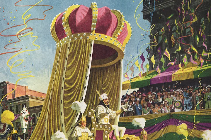 Vintage illustrated Mardi Gras parade float with a king on a golden throne amid confetti and crowds.
