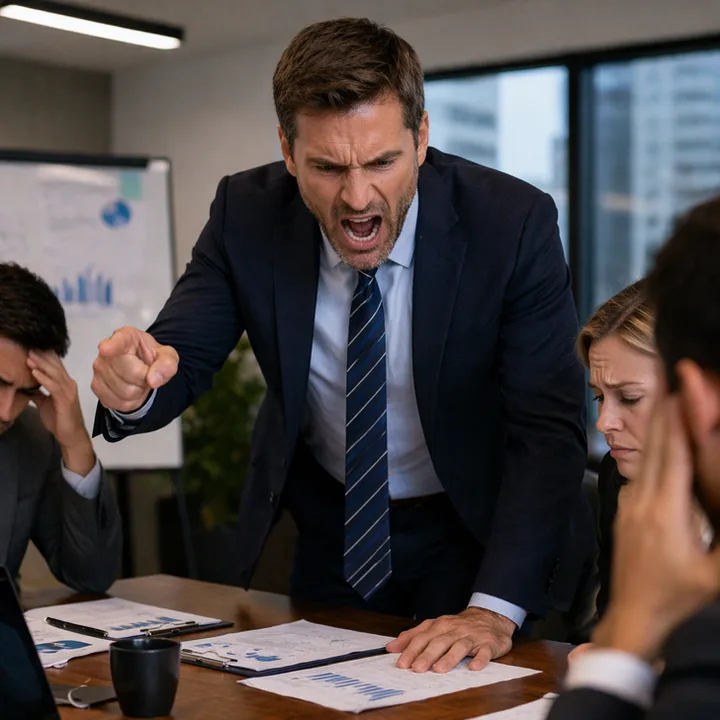 Angry male boss yelling and slamming fist on conference table at cowering employees.