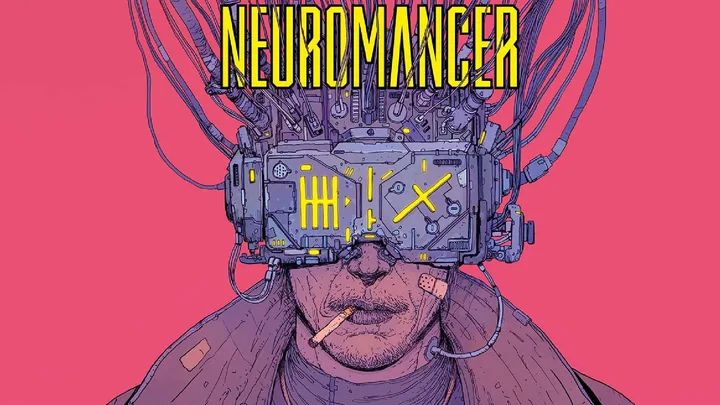 Illustrated Neuromancer book/comic cover featuring a cyberpunk figure with mechanical visor and wires on a pink backgrou