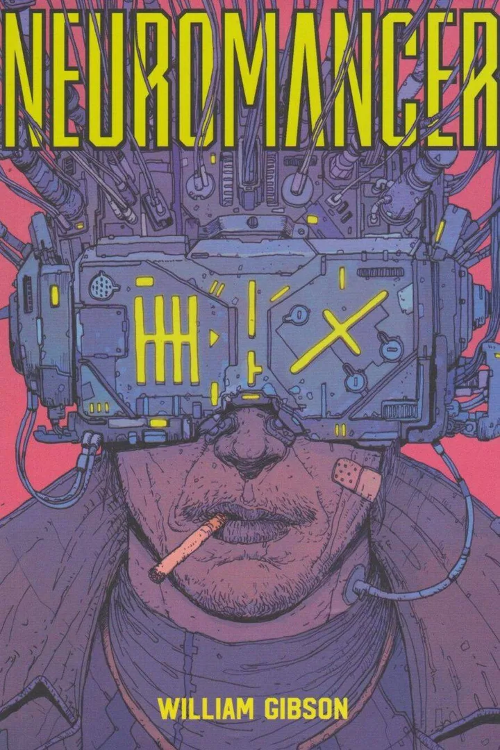 Neuromancer book cover by William Gibson showing a cyberpunk character with a high-tech visor and cigarette on pink back