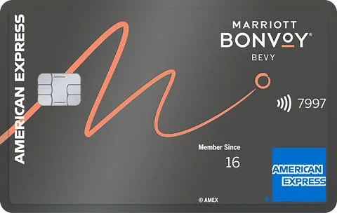 Marriott Bonvoy Bevy American Express credit card on dark background.