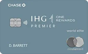 IHG One Rewards Premier Chase Mastercard credit card on blue background.