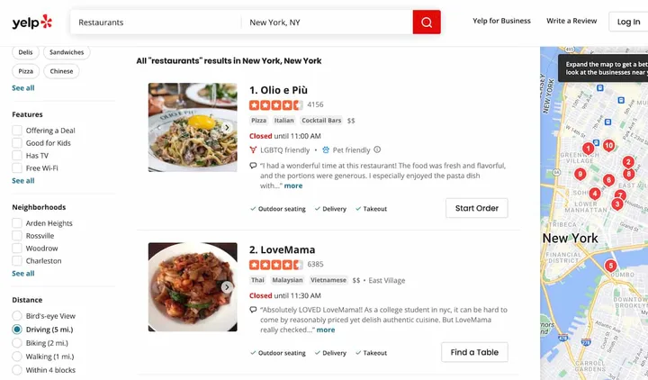 Yelp search results page showing New York City restaurants with ratings and reviews.