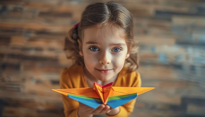 Young girl with blue eyes smiling and holding a colorful origami paper airplane toward the camera.