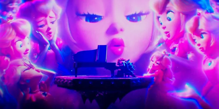 Animated Bowser plays piano surrounded by multiple Rosalina figures in a surreal purple-lit scene.