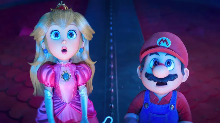 Animated Princess Peach and Mario look shocked together in a dark, dramatic scene from the Super Mario movie.