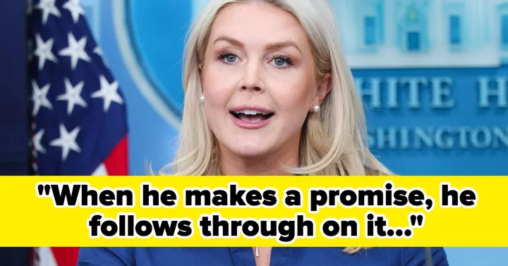 Blonde woman speaking at White House briefing podium with overlaid quote text about promises.