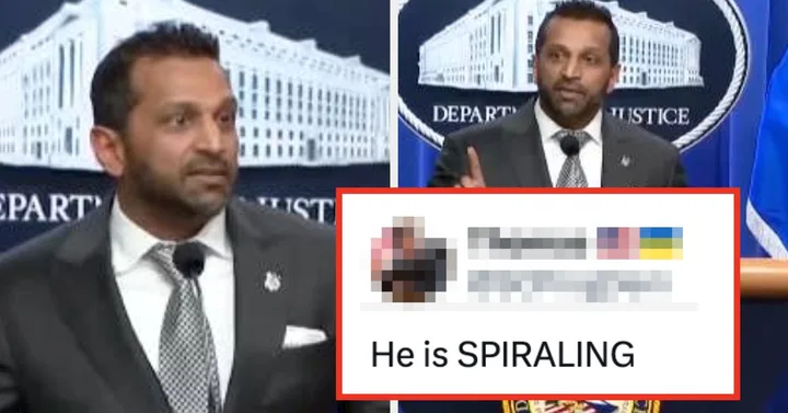 Kash Patel at DOJ podium in two shots with a social media comment overlay reading 'He is SPIRALING'.