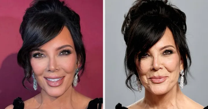 Side-by-side comparison of Kris Jenner showing a heavily filtered selfie versus an unedited red carpet photo.