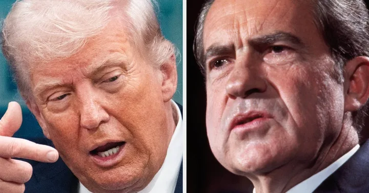 Side-by-side close-up portraits of Donald Trump and Richard Nixon, both appearing serious.