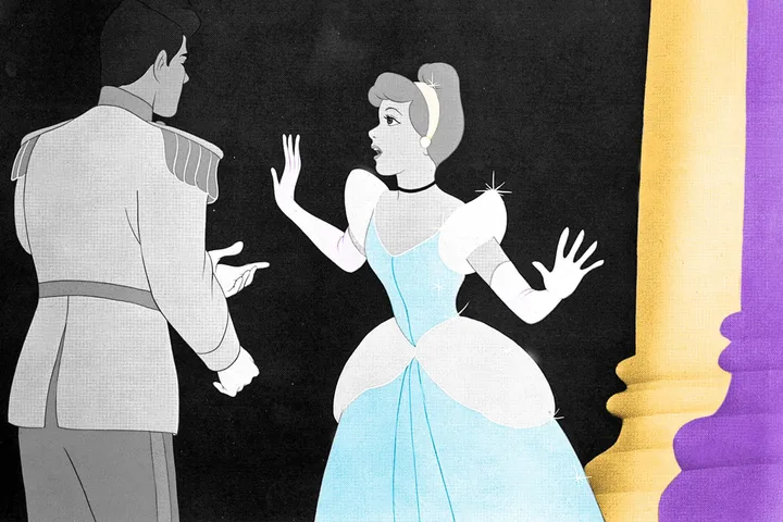 Animated Disney Cinderella in blue gown looking surprised, facing the Prince at a ball.
