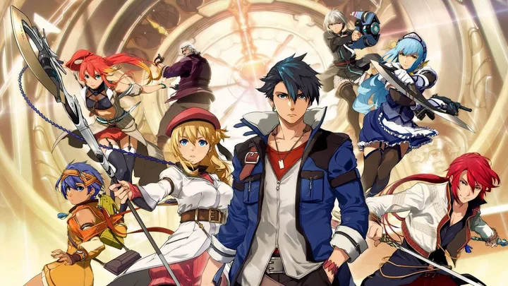 Anime JRPG key art featuring a large diverse cast of colorful characters in battle-ready poses.