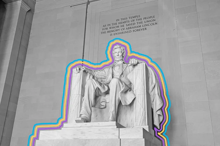 Black-and-white photo of Lincoln Memorial statue with colorful neon outline overlay.