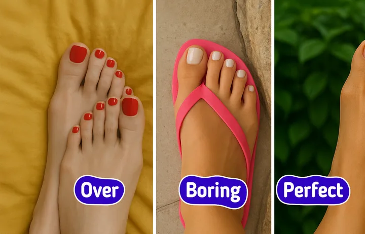 Collage thumbnail showing three feet with different pedicures labeled 'Over', 'Boring', and 'Perfect'.
