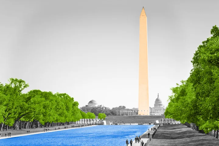 Washington Monument with colorized reflecting pool and Capitol building in background, stylized photo.