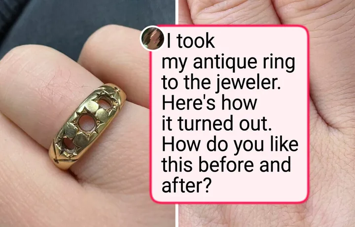 Before-and-after split image of an antique gold ring with missing stones, shown with a social media caption.