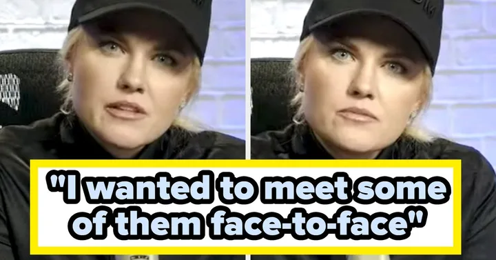 Blonde woman in black cap speaks on camera, with quote overlay 'I wanted to meet some of them face-to-face'.