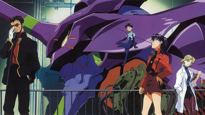 Four Neon Genesis Evangelion characters pose in front of a massive purple Eva mech in an industrial hangar.