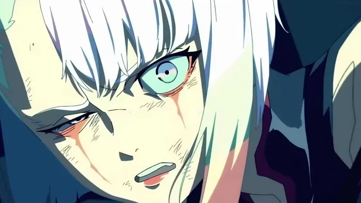 Close-up of a white-haired anime character with intense blue eyes and a bloodied, desperate expression.