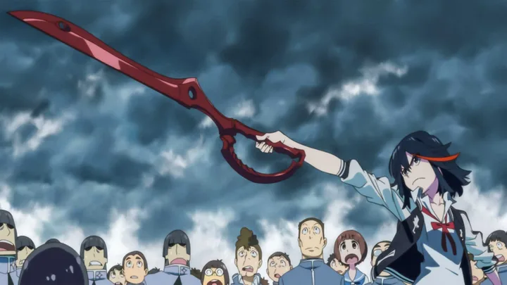 Anime girl in school uniform wields a giant red scissor blade over a crowd under a stormy sky.