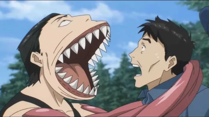 A horrifying anime monster with a gaping mouth full of sharp teeth lunges at a screaming man.