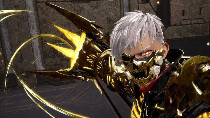 Anime-styled video game character with white hair and gold mechanical armor wielding a glowing weapon.