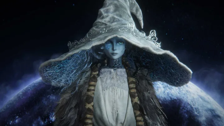 Dark fantasy video game character — a blue-skinned witch wearing a large ornate hat against a starry sky.