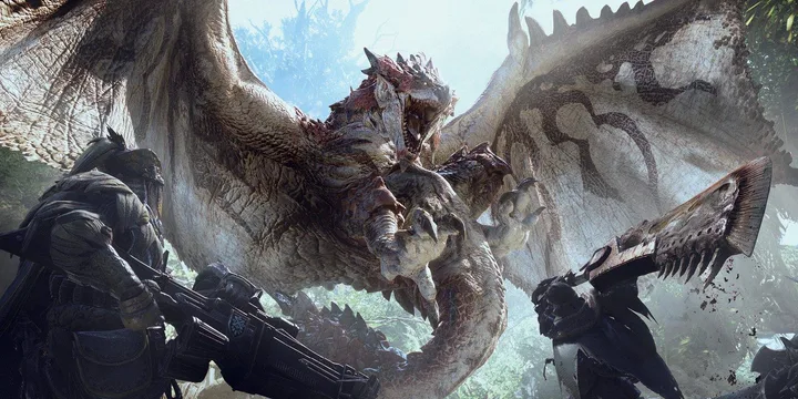 Two armored hunters fighting a massive roaring dragon in a lush jungle environment.