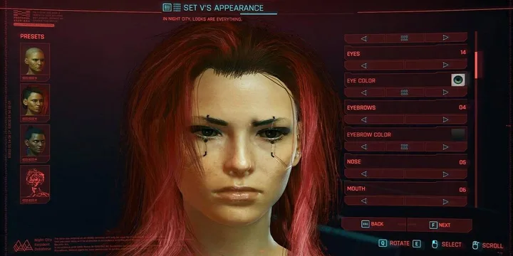 Cyberpunk 2077 character creation screen showing a red-haired female V with appearance sliders visible.