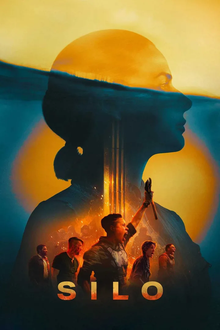Official promotional poster for the TV show Silo featuring a silhouette and ensemble cast with fire.