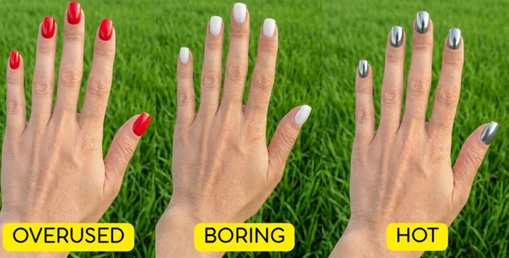 Three hands labeled 'Overused', 'Boring', 'Hot' showing red, white, and silver chrome nail designs on grass background.