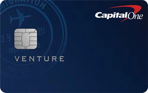 Capital One Venture credit card, blue with airplane motif, product shot on white background.