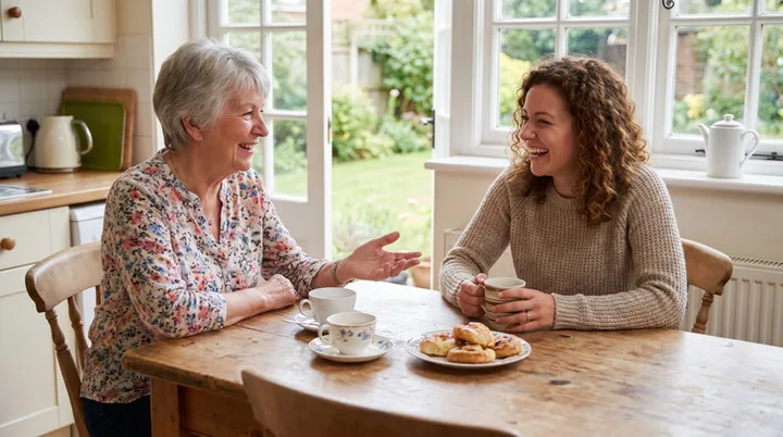 Older woman and younger woman laughing together over tea and pastries at a kitchen table.