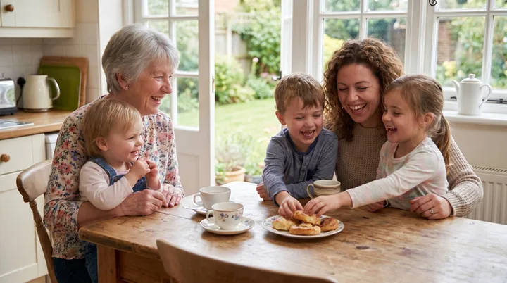 Grandmother and mother laughing with three young children around a kitchen table with tea and pastries.