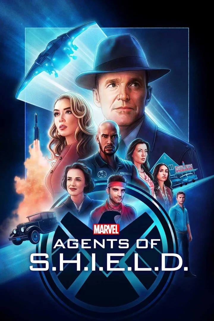 Illustrated promotional poster for Marvel's Agents of S.H.I.E.L.D. featuring the cast and logo.