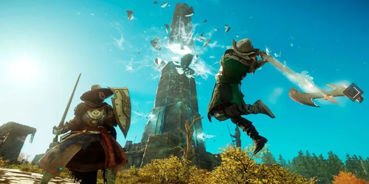 Two fantasy warriors battle near a crumbling stone tower in a vibrant open-world game environment.