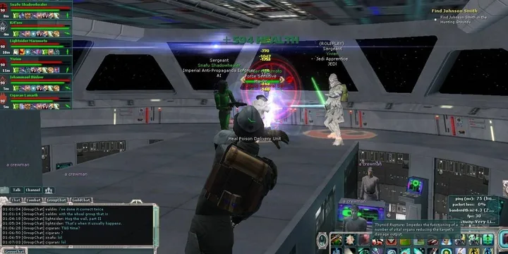 MMO combat scene with Star Wars characters fighting in a spaceship interior with UI overlay.