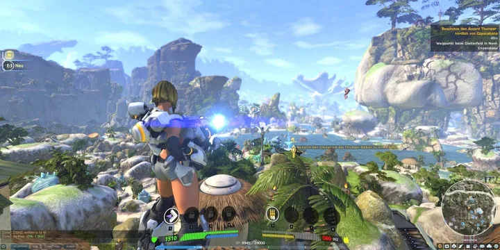 Armored female character overlooks a lush, colorful open-world landscape in a sci-fi MMO game.