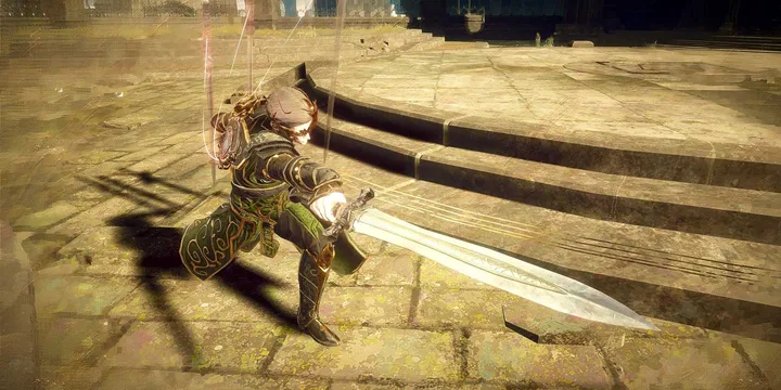 Armored knight kneeling with a large sword on stone steps in a fantasy action game.
