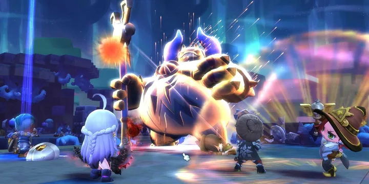 Chibi-style fantasy characters fight a giant glowing boss creature in a colorful arena.
