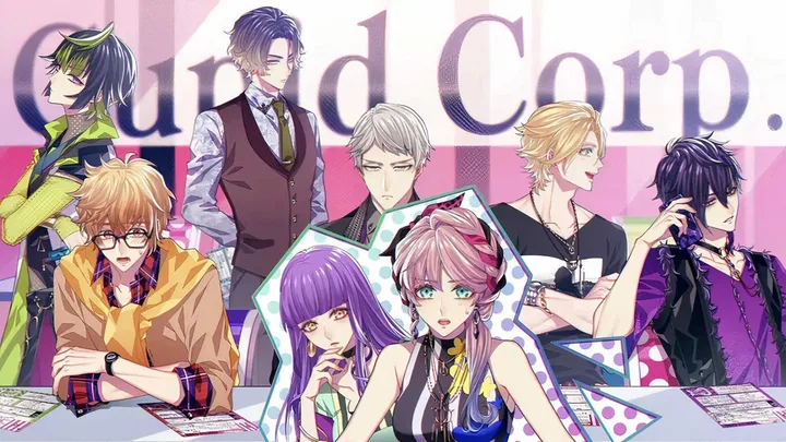 Anime key art showing multiple stylish characters around a table with 'Cupid Corp.' text.