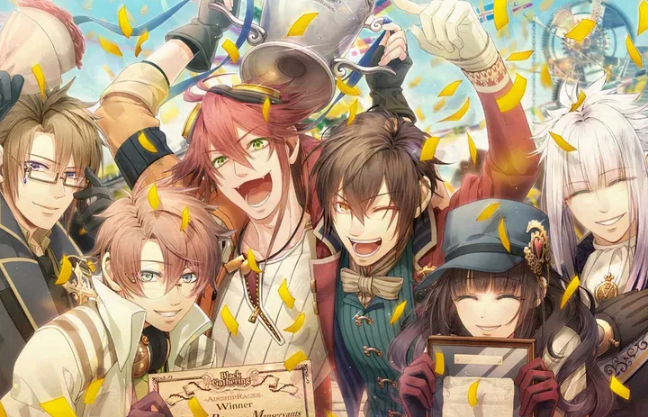 Cheerful anime characters celebrating with confetti and a winner's certificate outdoors.