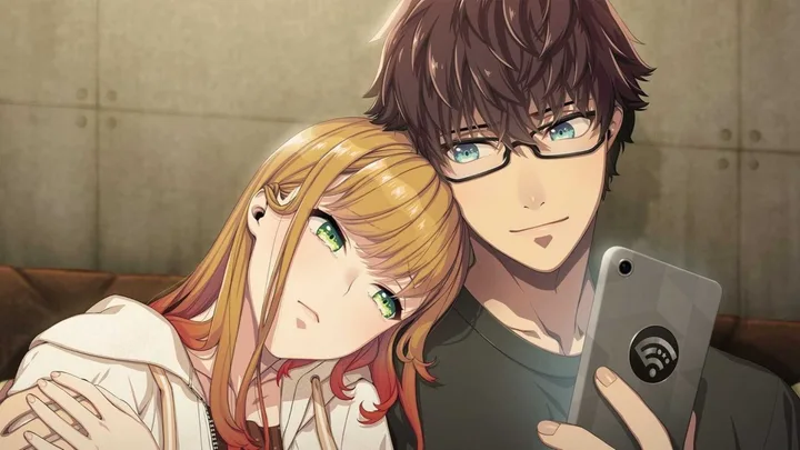 Two anime characters — a blonde girl and glasses-wearing boy — taking a selfie together.