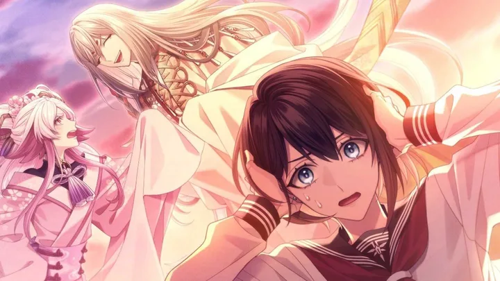 Dramatic anime artwork of three female characters in flowing robes under a pink sky.