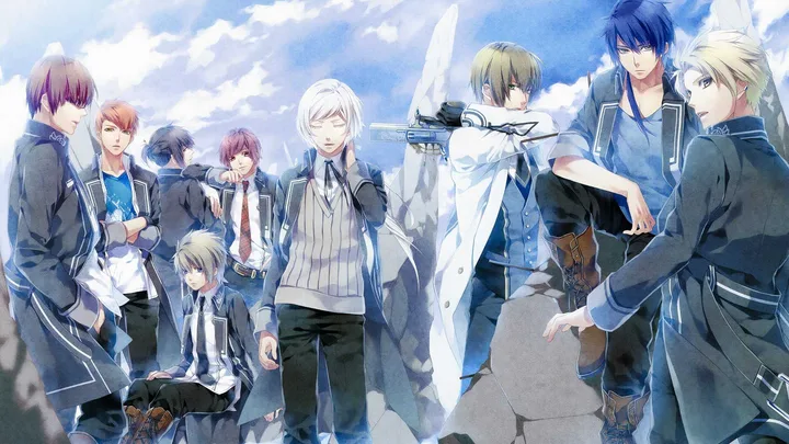 Large group of anime male characters in blue uniforms posed on rocky terrain under cloudy skies.