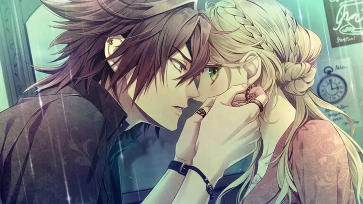 Two anime characters in a close romantic moment, male gently cupping female's face in the rain.