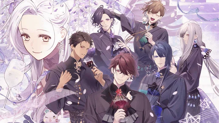 Elegant anime key art with a white-haired girl and several dark-clad male characters amid flowers.